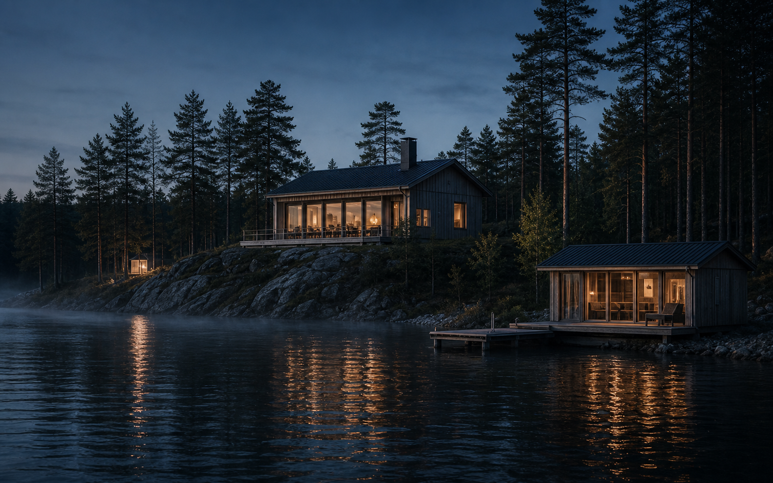 Fictional timber lake house and separate sauna beside a dark Finnish lake at blue hour